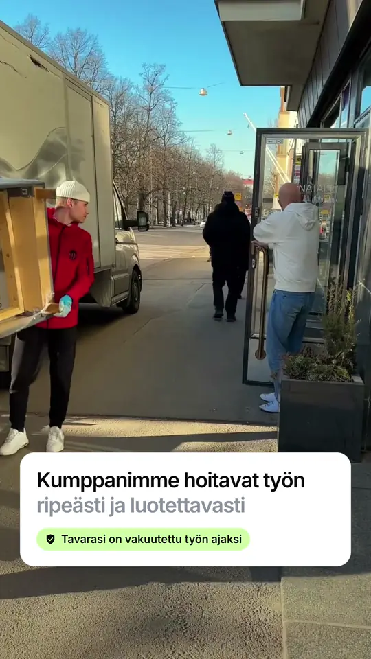 Frame from the Apukuski ad: a mover in a red jacket carrying a box beside a van, with a Finnish caption saying the partners do the job reliably