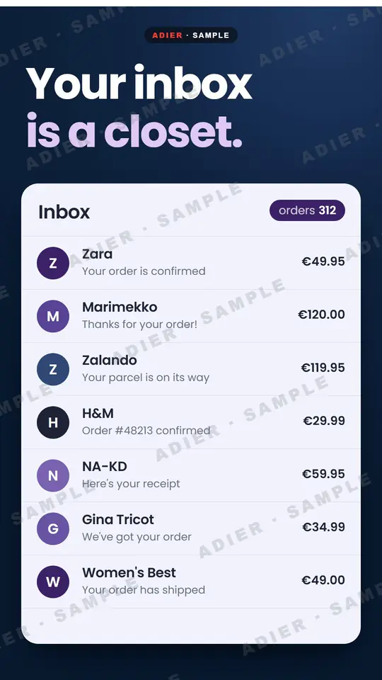Frame from the Bought ad: an inbox full of order confirmations under the headline “Your inbox is a closet.”