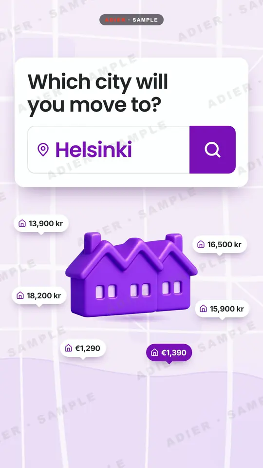 Frame from the Flatta ad: a city search box reading Helsinki with a purple 3D house and rent tags around the map