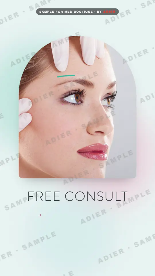 Frame from the Med Boutique ad: a woman’s face in an arched frame with a gloved hand marking her forehead, above the words “Free consult”