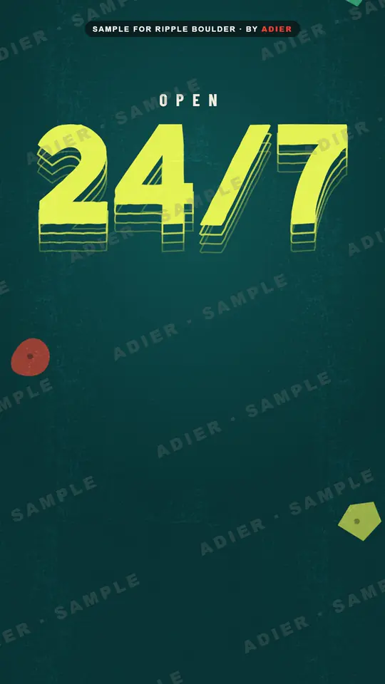 Frame from the Ripple Boulder ad: chunky yellow “OPEN 24/7” type on a dark teal background