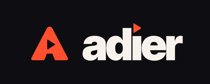 The Adier logo on a near-black background: a vermilion A mark and the word adier in cream